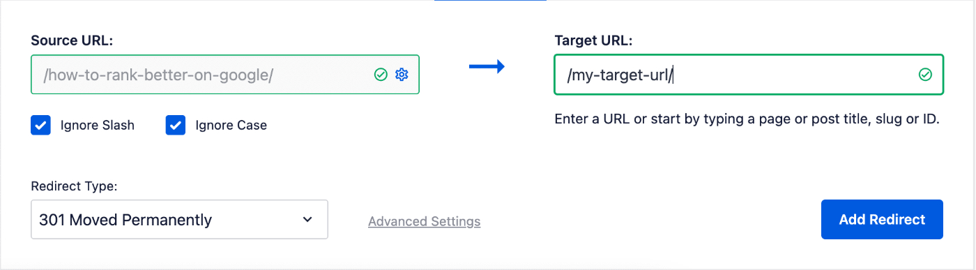 Add New Redirection form completed with target URL