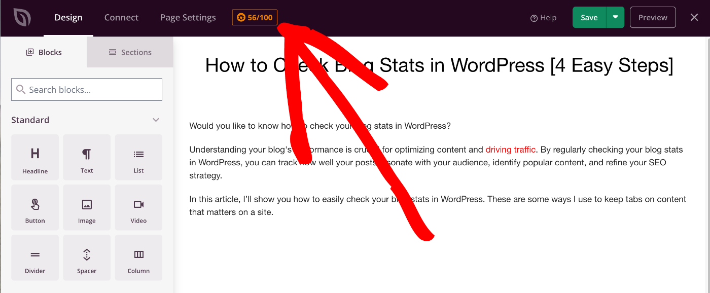 Captura de tela do editor de blocos do WordPress com uma postagem intitulada 'Como verificar estatísticas de blog no WordPress [4 etapas fáceis]' com uma seta de anotação vermelha sobre a área superior e o painel de blocos esquerdo.