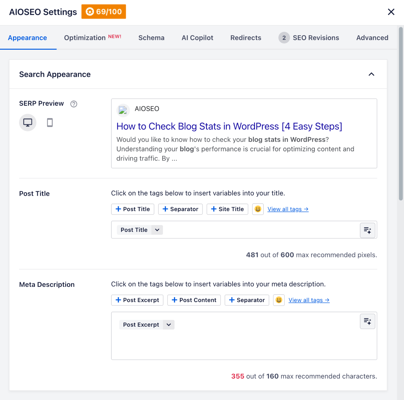 Captura de tela das Configurações do AIOSEO: painel Aparência da pesquisa com Visualização de SERP e campos para Título da postagem e Meta Descrição