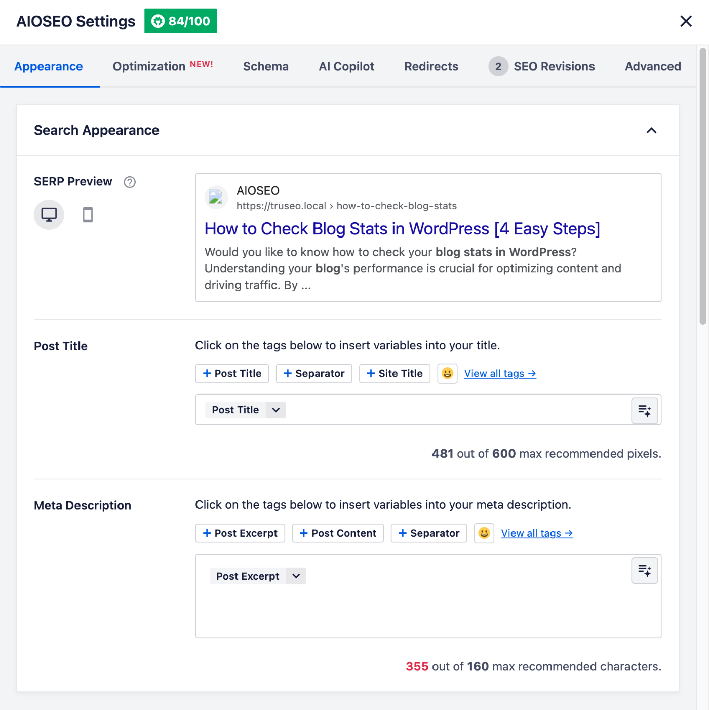 Painel de configurações para AIOSEO com a guia Aparência da pesquisa e um cartão de visualização SERP ao vivo no lado direito, mostrando um exemplo de título de postagem de blog abaixo de um link do site.
