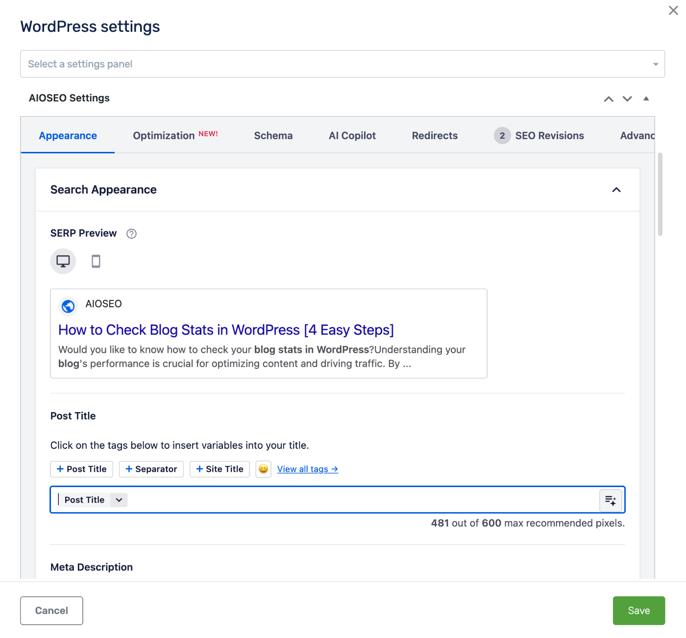 Painel de configurações de SEO do WordPress aberto na guia Aparência com Visualização de SERP e opções de Título da postagem