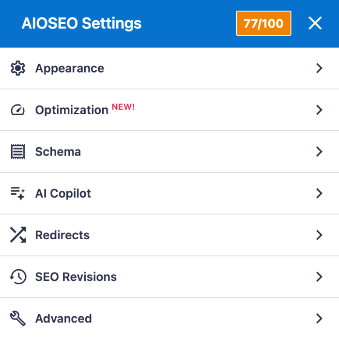 Menu de Configurações do AIOSEO com os itens Aparência, Otimização (NOVO!), Schema, AI Copilot, Redirecionamentos, Revisões de SEO, Avançado.