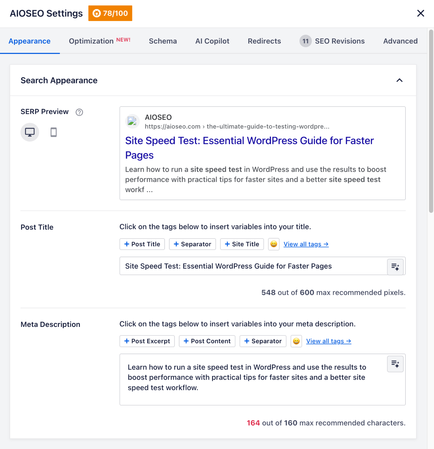 Popup de Configurações do All in One SEO no construtor de páginas Divi