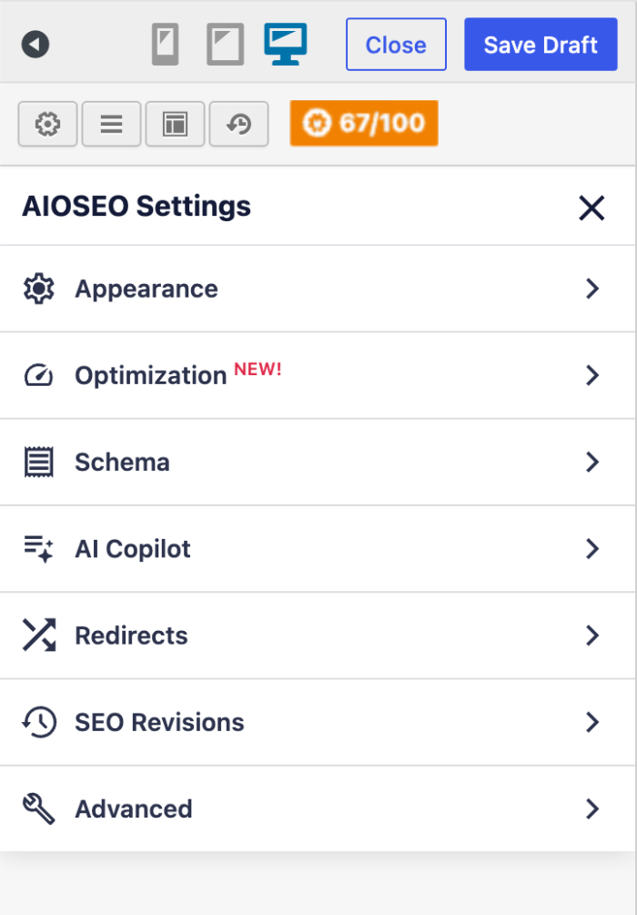 Painel de Configurações do AIOSEO listando opções: Aparência, Otimização (NOVO!), Schema, AI Copilot, Redirecionamentos, Revisões de SEO, Avançado.