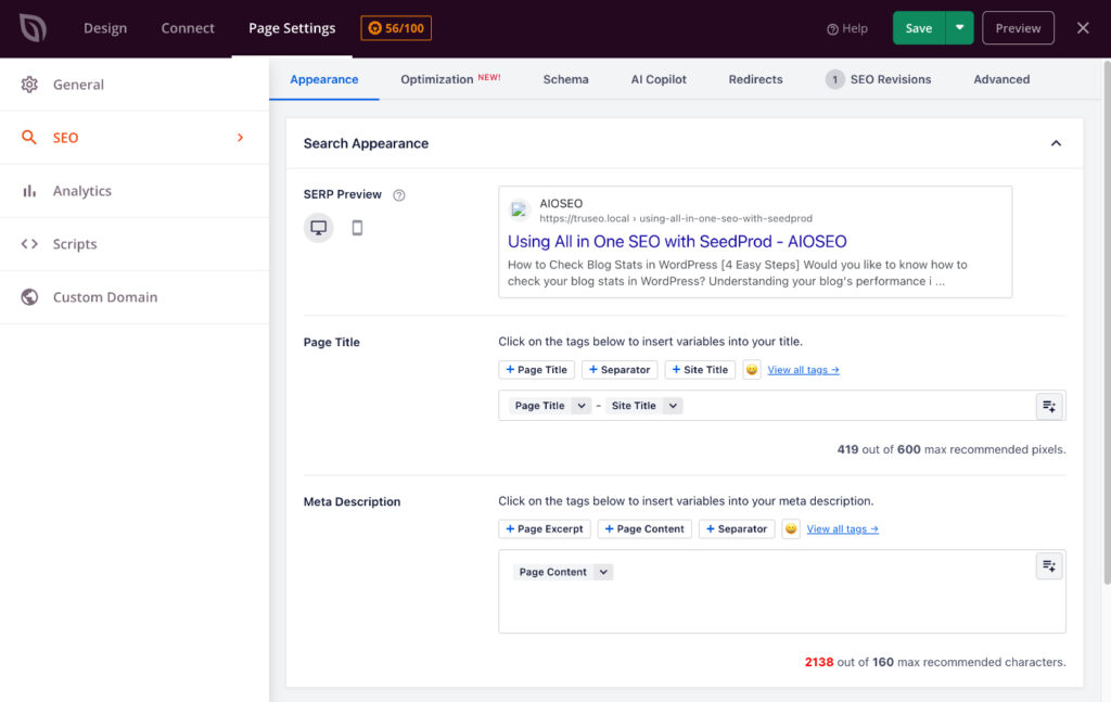 Captura de tela de uma página de plugin de SEO do WordPress (All in One SEO) mostrando Aparência da pesquisa com seções de Visualização de SERP, Título da página e Meta Descrição.