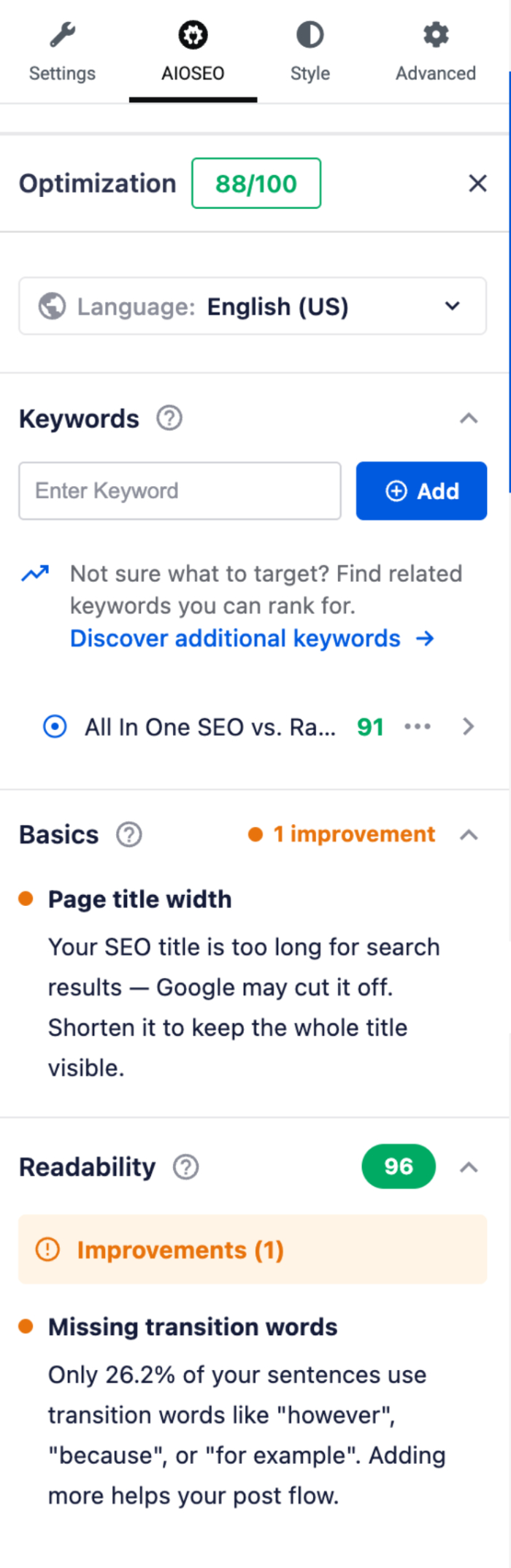 Painel de otimização de SEO mostrando pontuação 88/100, idioma Inglês (EUA) e campo de entrada de palavra-chave.