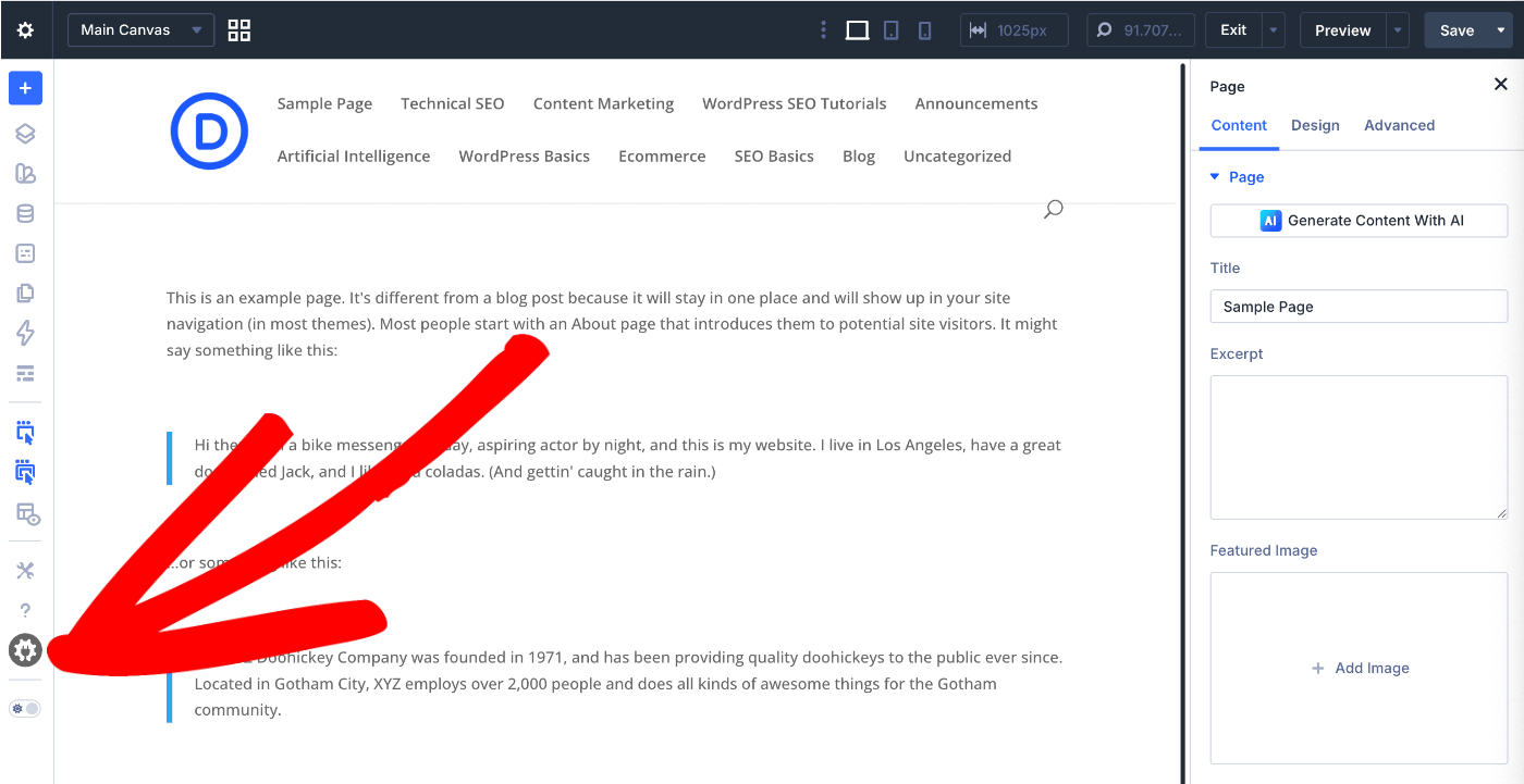 Ícone do All in One SEO mostrado no menu da barra lateral do construtor de páginas Divi