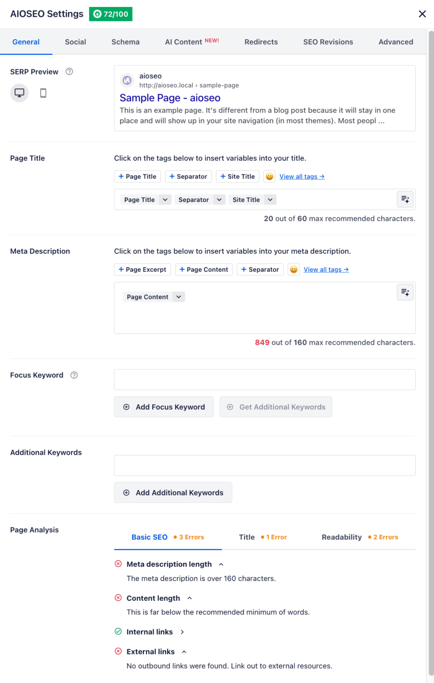 Popup de Configurações do All in One SEO no construtor de páginas Divi
