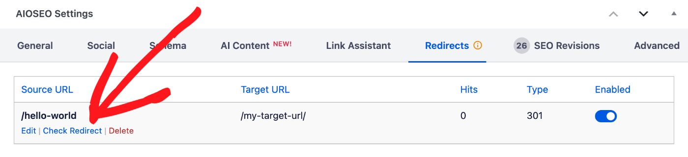 Check Redirect link in the AIOSEO Settings on Edit Post screen