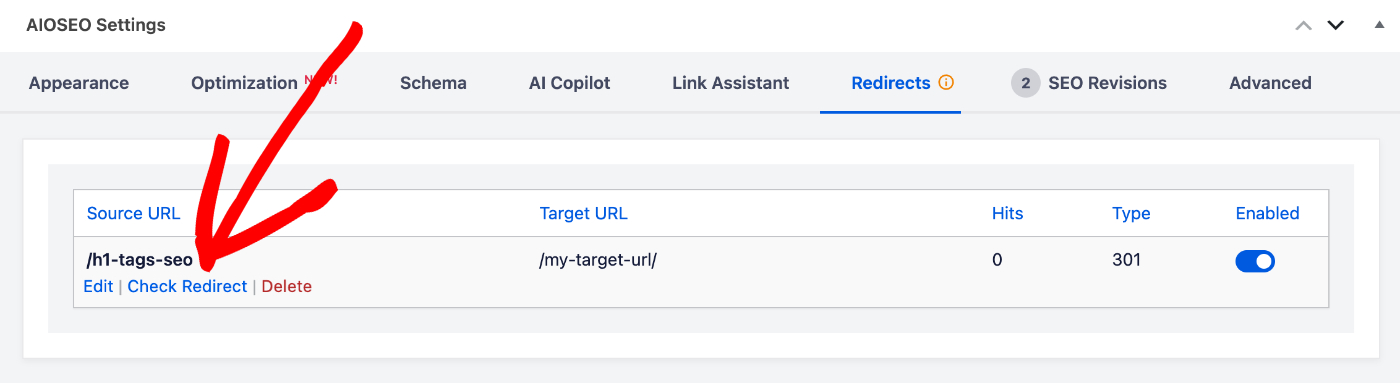 Regola di reindirizzamento: Origine /m1-tags-seo → Destinazione /my-target-url/, 301, Abilitato Link Verifica reindirizzamento nelle Impostazioni AIOSEO nella schermata Modifica Post