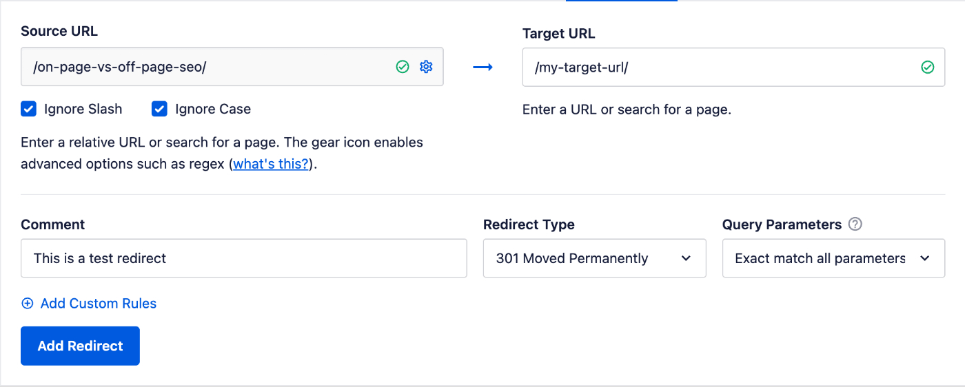 Formulário Adicionar Novo Redirecionamento preenchido com a URL de destino