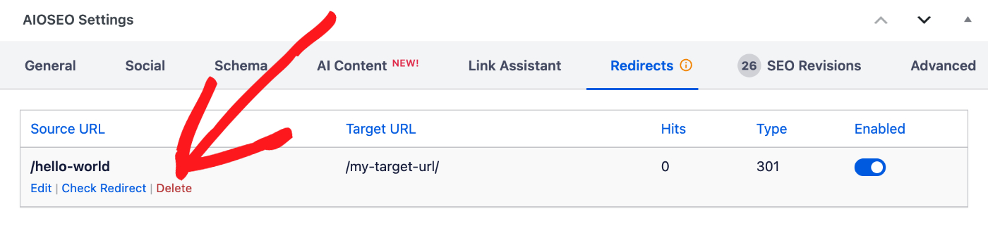Delete link in the AIOSEO Settings on Edit Post screen
