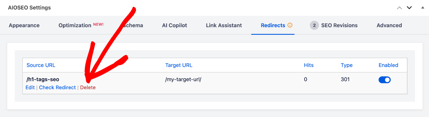 Schermata Reindirizzamenti di AIOSEO che mostra una regola: Origine '/m1-tags-seo' verso Destinazione '/my-target-url/', Tipo 301, interruttore Abilitato attivo. Link Elimina nelle Impostazioni AIOSEO nella schermata Modifica Post