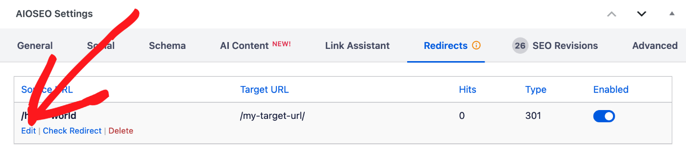 Edit link in the AIOSEO Settings on Edit Post screen