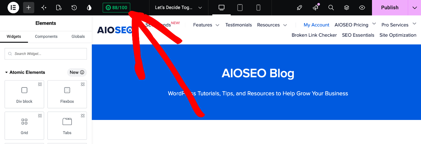 Botão All in One SEO mostrado no editor do Elementor