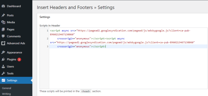 Paste your AdSense code in the “Scripts in Header” box.