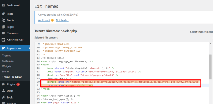 Add the code just above the header tag in your header.php file.
