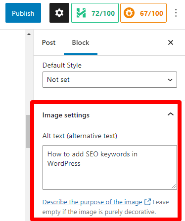 Adding alt text to the image in the block editor is as easy as clicking on the image and editing the alt text in the field provided.