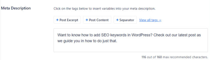 The meta description is another great place to add your SEO keywords. 