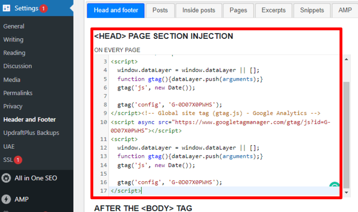 Paste your code in the Head Page Section Injection space and click “Save.”