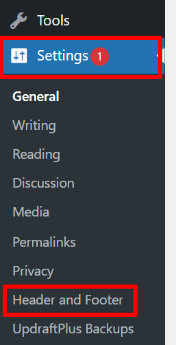 Once in WordPress, select the “Settings” option and click on “Header and Footer.”