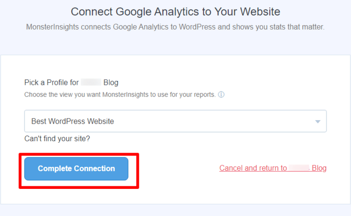 Select your blog and click "Complete Connection."
