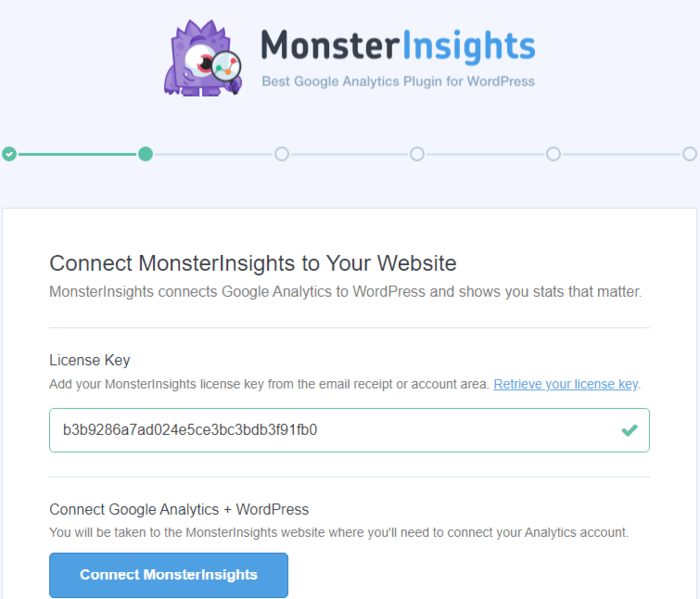 Setting up MonsterInsights involves verifying your account by entering a license key.