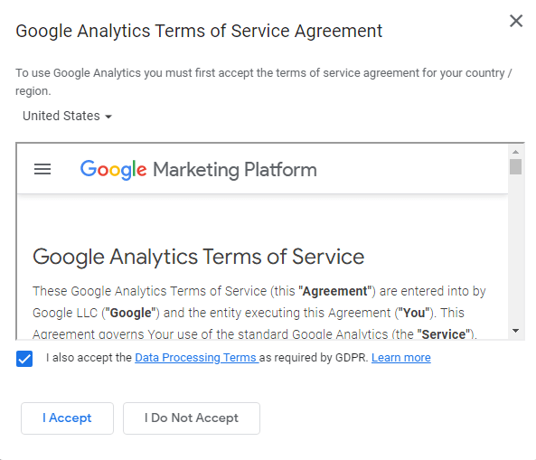 To continue with the setup, you'll have to agree to Google's terms of service agreement.