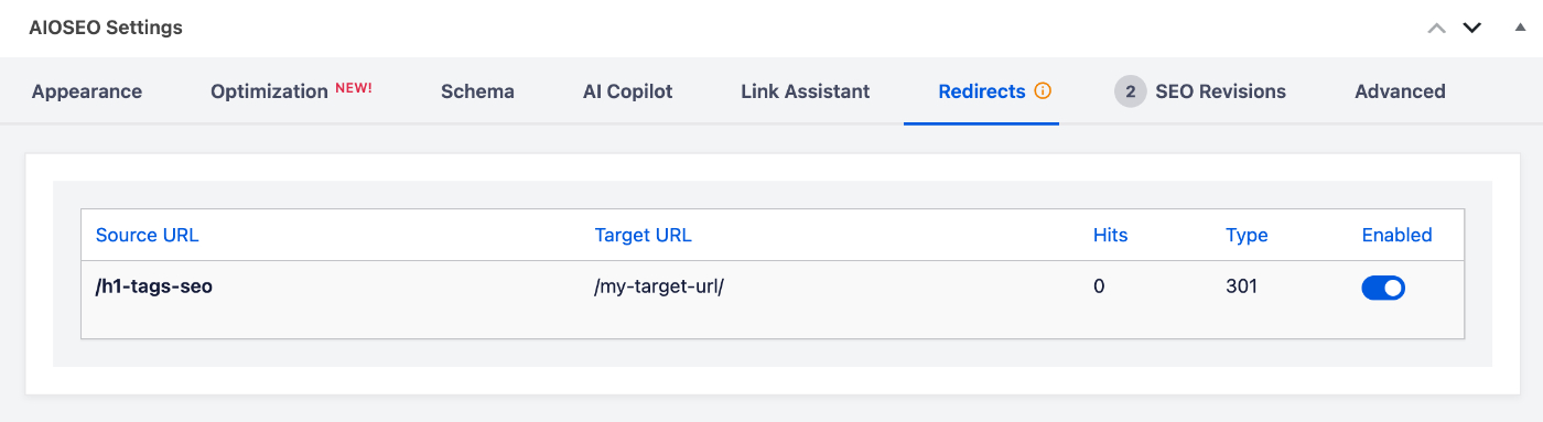 Regola di reindirizzamento: /m1-tags-seo → /my-target-url/ (301), Abilitato Reindirizzamento mostrato nelle Impostazioni AIOSEO nella schermata Modifica Post