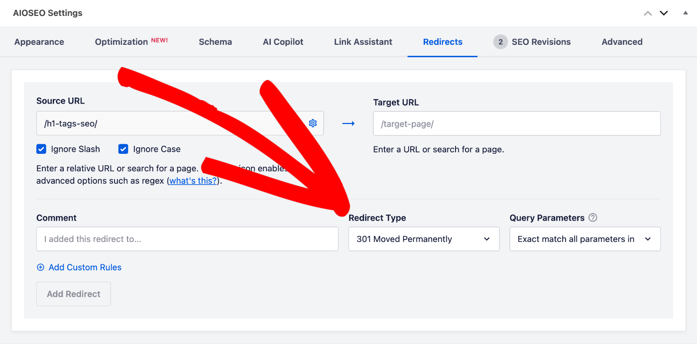 Configurazione della regola di reindirizzamento in AIOSEO: sposta /h1-tags-seo/ in /target-page/ con stato 301 e parametri opzionali visibili. Menu a discesa Tipo di reindirizzamento nel modulo Aggiungi nuovo reindirizzamento