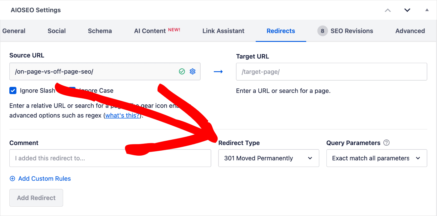 Menu suspenso Tipo de Redirecionamento no formulário Adicionar Novo Redirecionamento