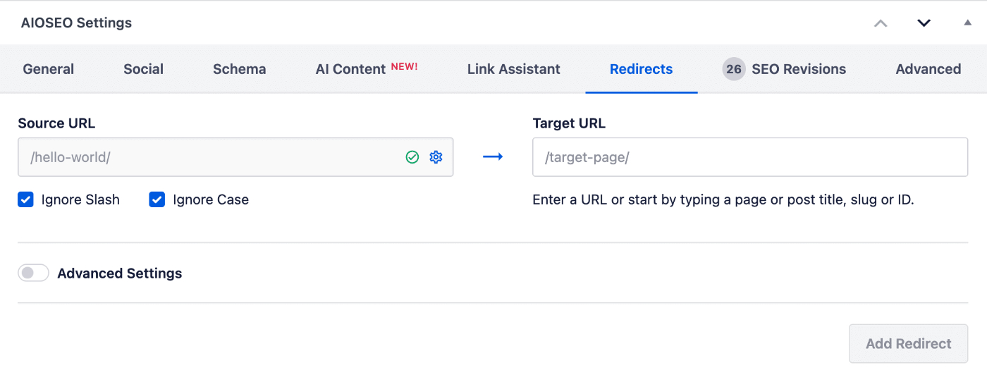 Redirects tab in AIOSEO Settings on the Edit Post screen