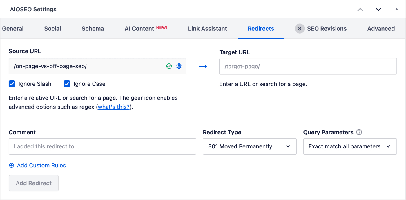 Aba Redirecionamentos nas Configurações do AIOSEO na tela Editar Publicação