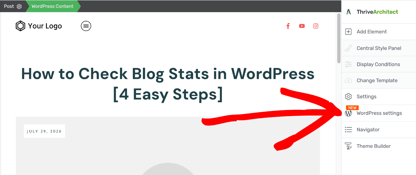 Visualização do editor de postagens com o título 'Como verificar estatísticas de blog no WordPress [4 etapas fáceis]' e o painel Thrive Architect aberto à direita, destacando as configurações do WordPress.