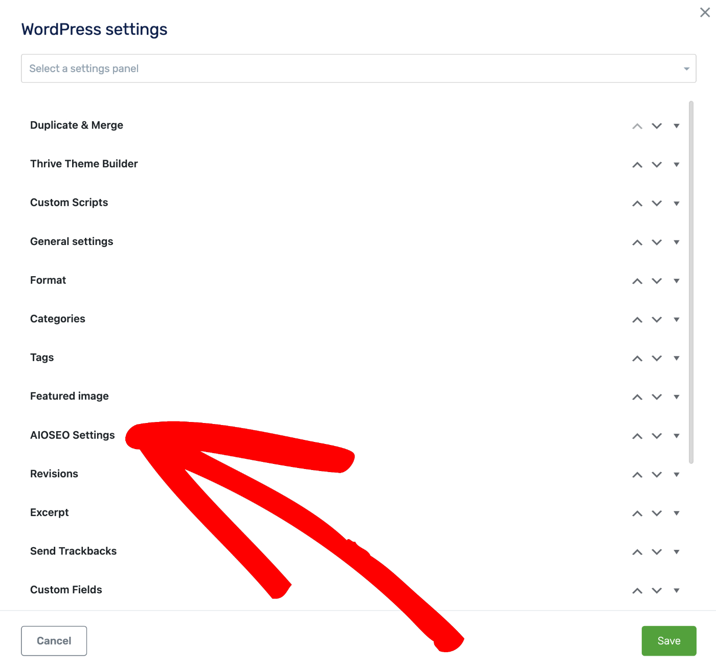 Painel de configurações do administrador do WordPress com Configurações do AIOSEO destacadas na lista.