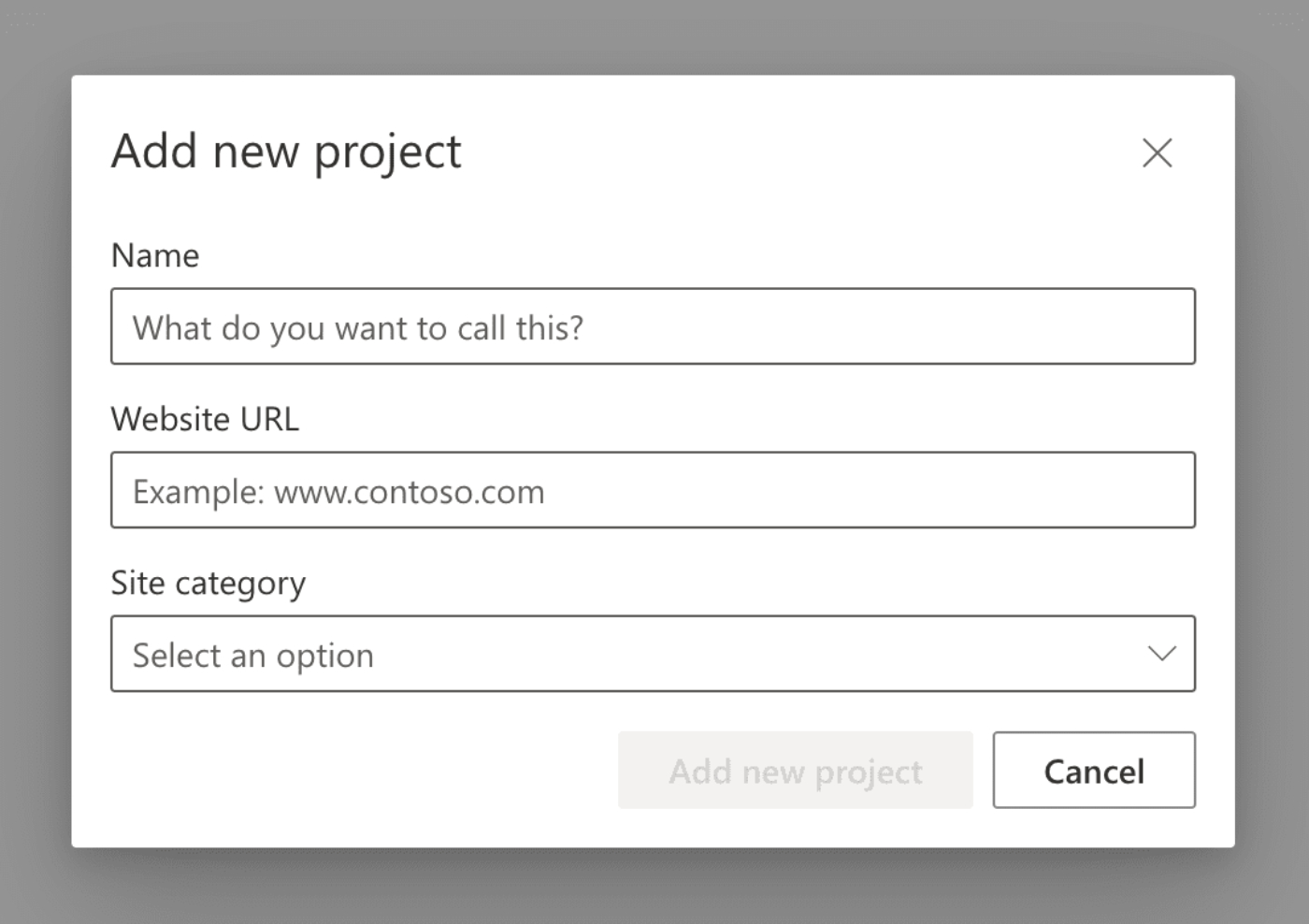 Add new project form in Microsoft Clarity