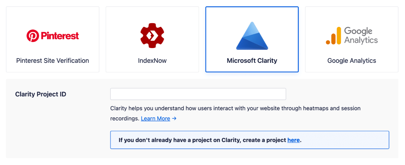Microsoft Clarity section on the Webmaster Tools screen