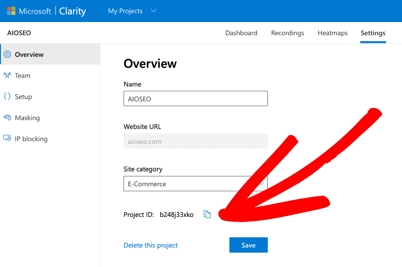 Overview screen in Microsoft Clarity showing the Project ID