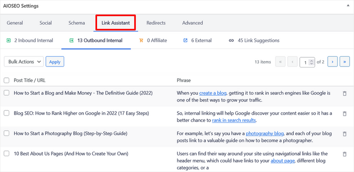 aioseo link assistant for adding internal links
