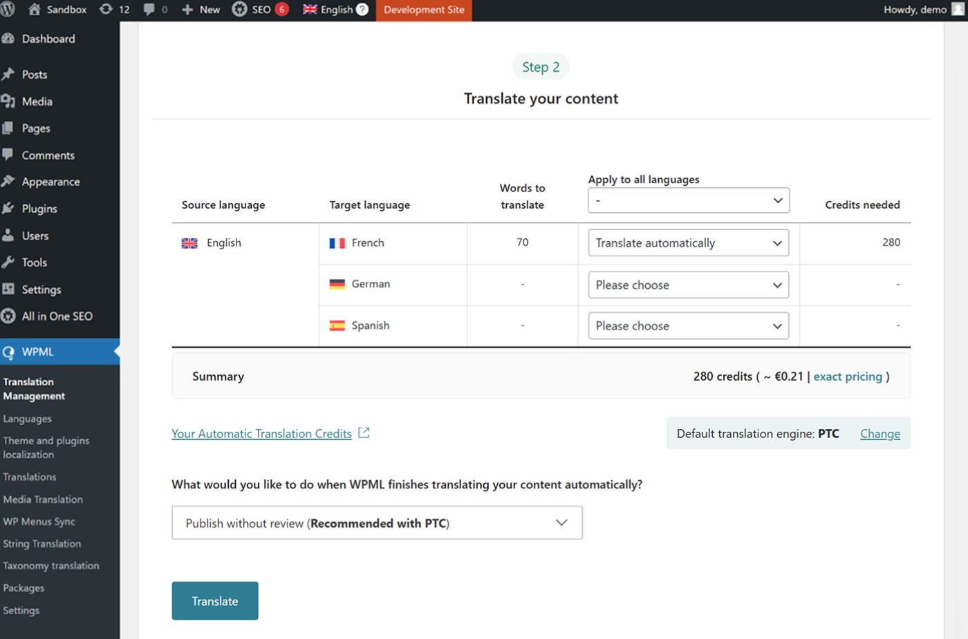 Automatic translation using WPML's Private Translation Cloud (PTC).