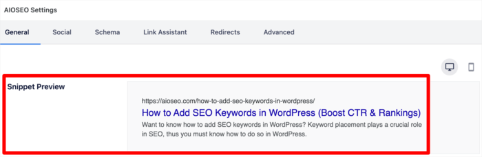 AIOSEO shows you a snippet of what your metadata will look like on the SERPs.