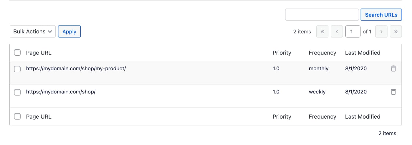 Table showing pages added using the Additional Pages form