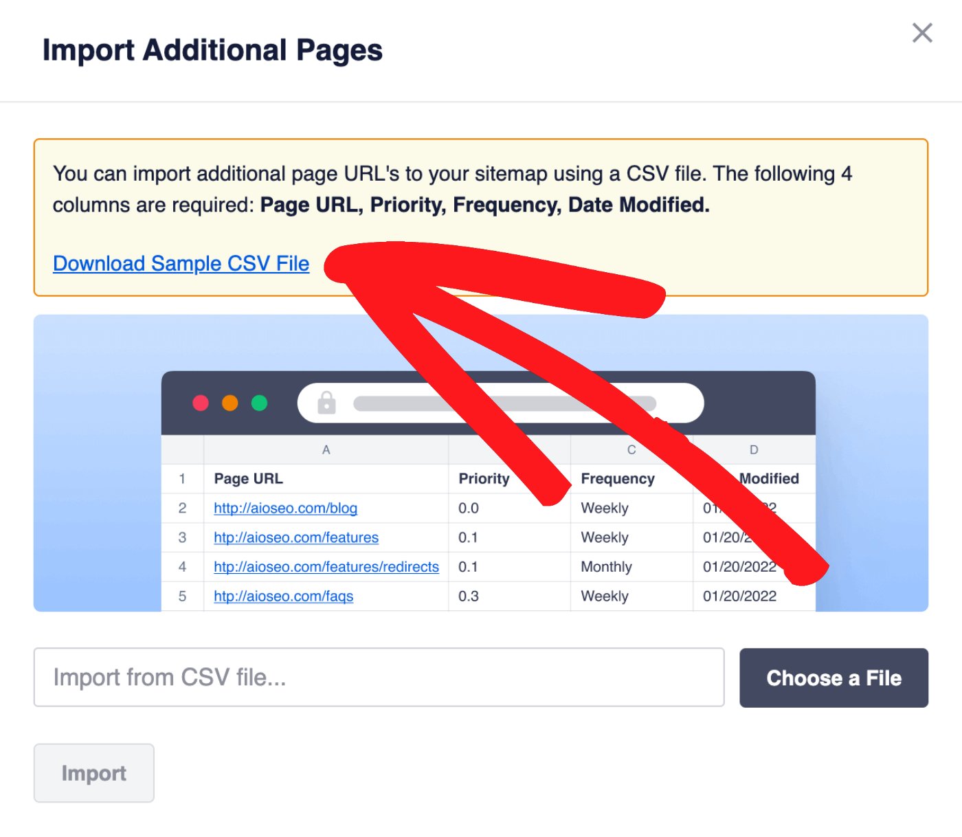 Import Additional Pages popup showing the link to Download Sample CSV File