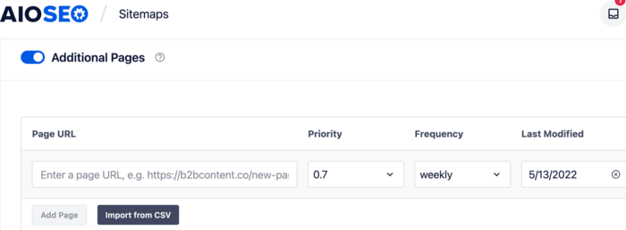 You can upload multiple pages to your sitemap by uploading a CSV file.