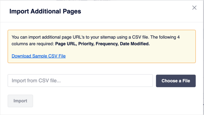 Clicking on the "Import from CSV" button will open a modal that enables you to upload your CSV file.