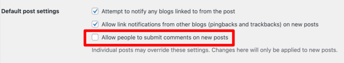 Uncheck the "Allow people to submit comments on new posts" option to disable commenting.