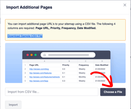 To add multiple URLs to your sitemap, choose a CSV file to import.