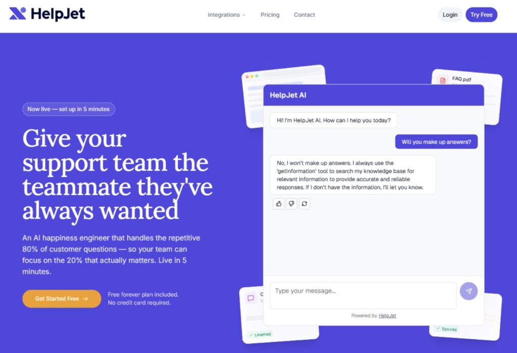 Hero banner for HelpJet: bold white headline on a purple background with a floating HelpJet AI chat window illustration. HelpJet homepage, an AI customer support chatbot.