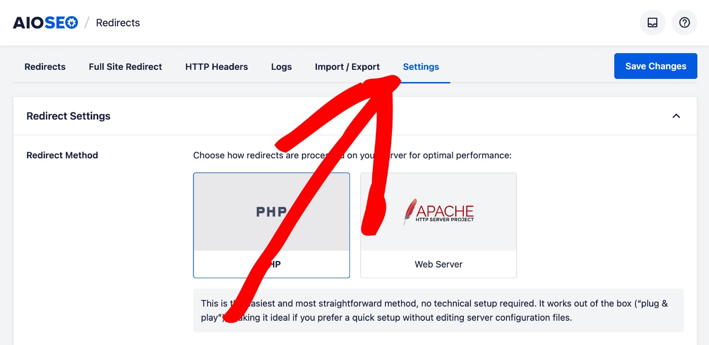Settings tab shown on the Redirects screens Settings tab shown on the Redirects screens