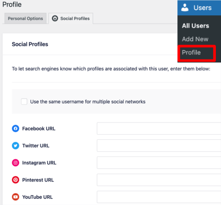 The new User Social Profile tab enables you to connect your social media accounts to your wordPress user account.
